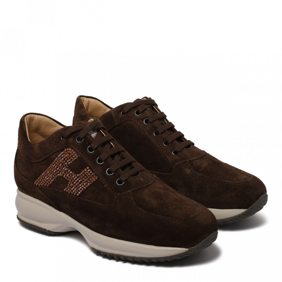 Brown Crystal Embellished Suede Sneakers