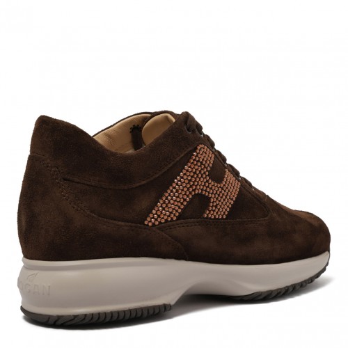 Brown Crystal Embellished Suede Sneakers