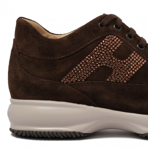 Brown Crystal Embellished Suede Sneakers