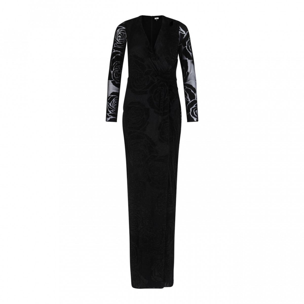 Black Rose Print Glitter Maxi Dress