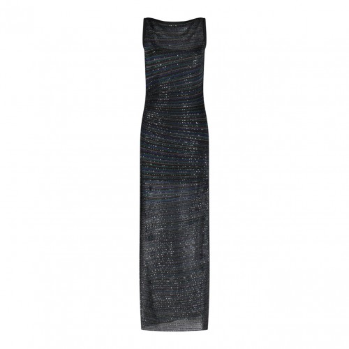 Black and Brown Long Sleeveless Dress With Lame Stripe Pattern