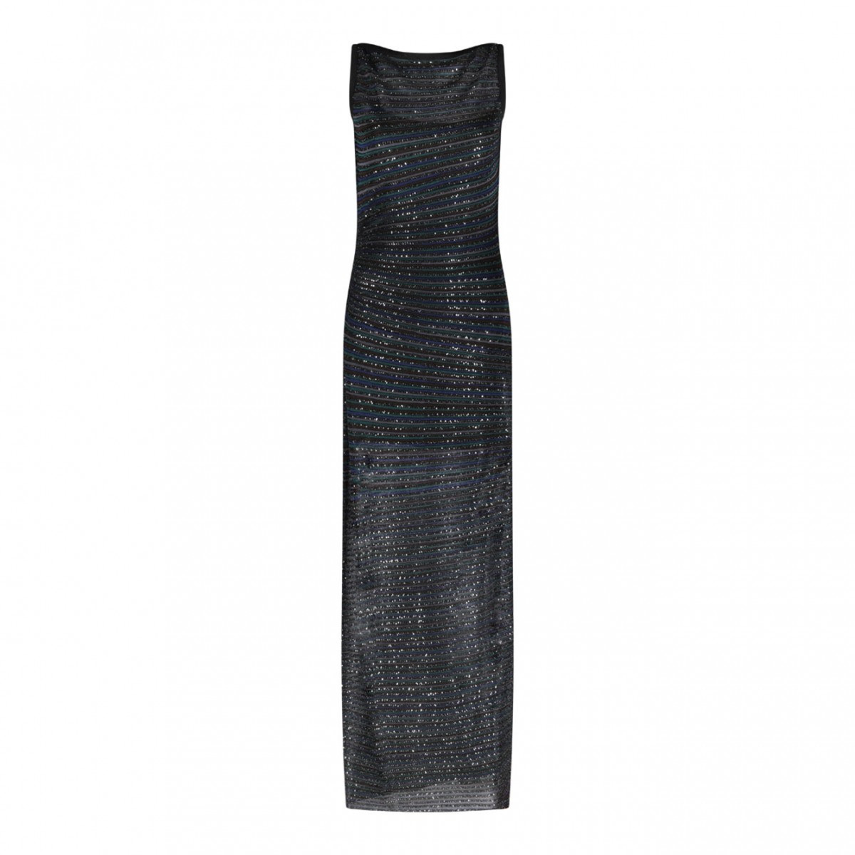 Black and Brown Long Sleeveless Dress With Lame Stripe Pattern