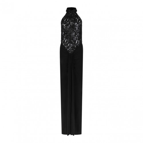 Black Sequin Embellished Halter-Neck Maxi Dress