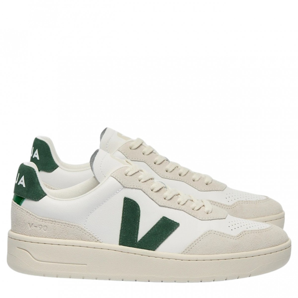 White and Green V-90 Leather Sneakers