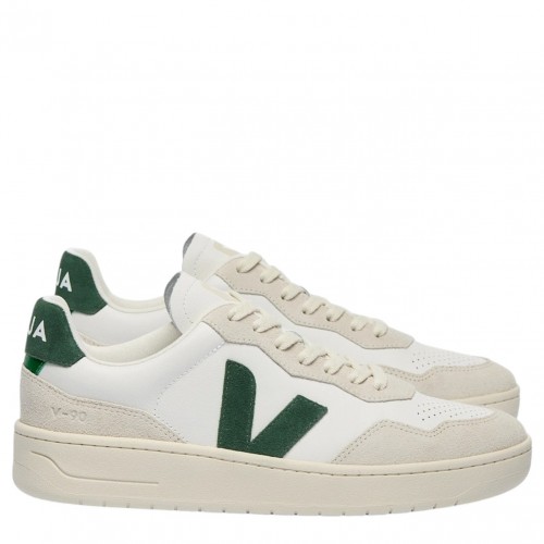 White and Green V-90 Leather Sneakers