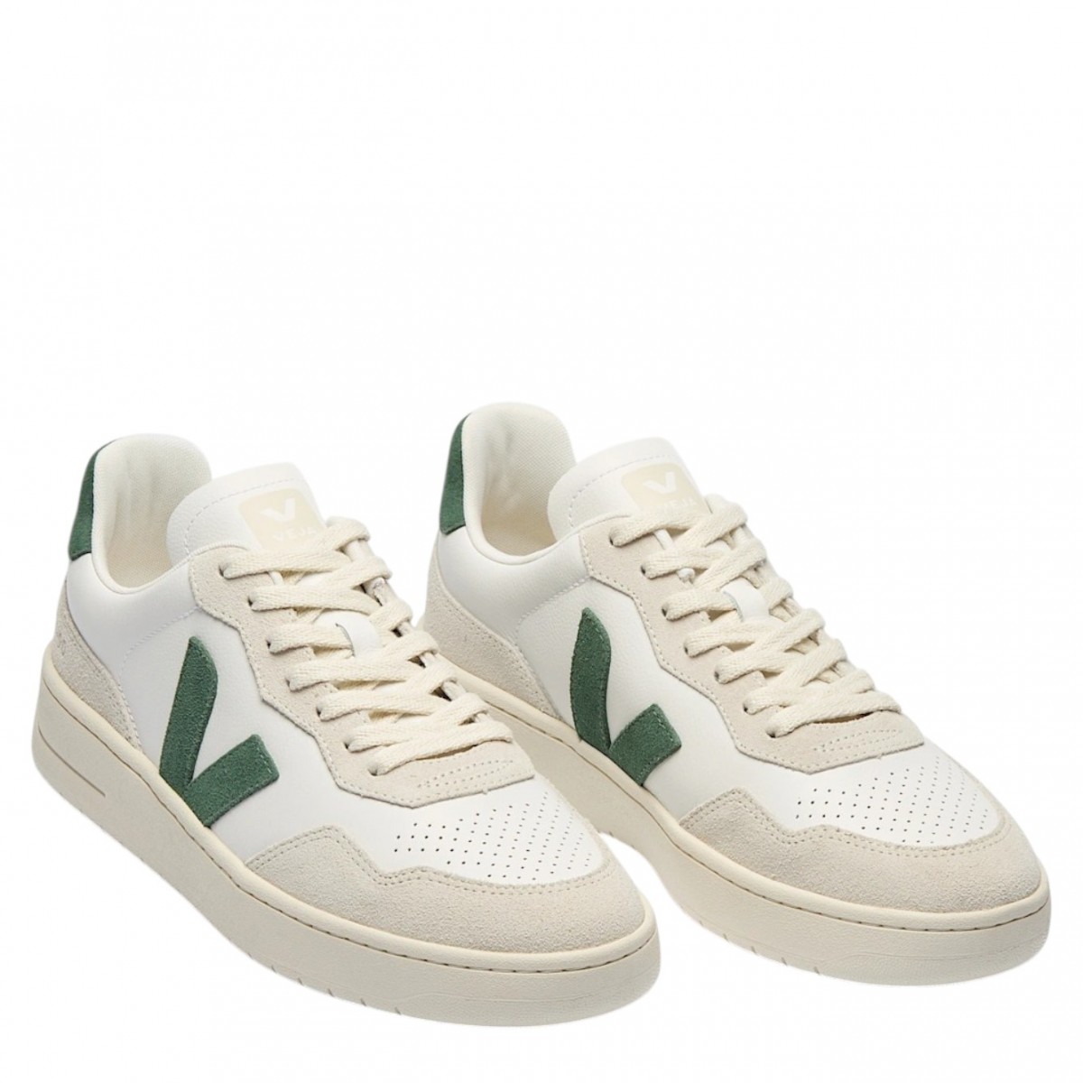 White and Green V-90 Leather Sneakers