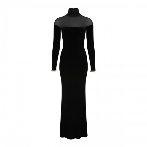 Black Velvet Mesh-Insert Maxi Dress