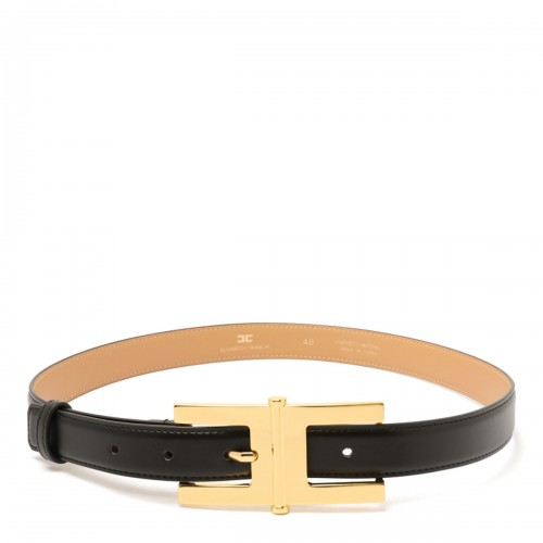 Black Logo-Buckle Leather Belt