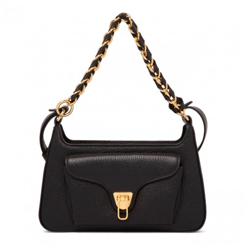 Black Leather Shoulder Bag with Chain Detail