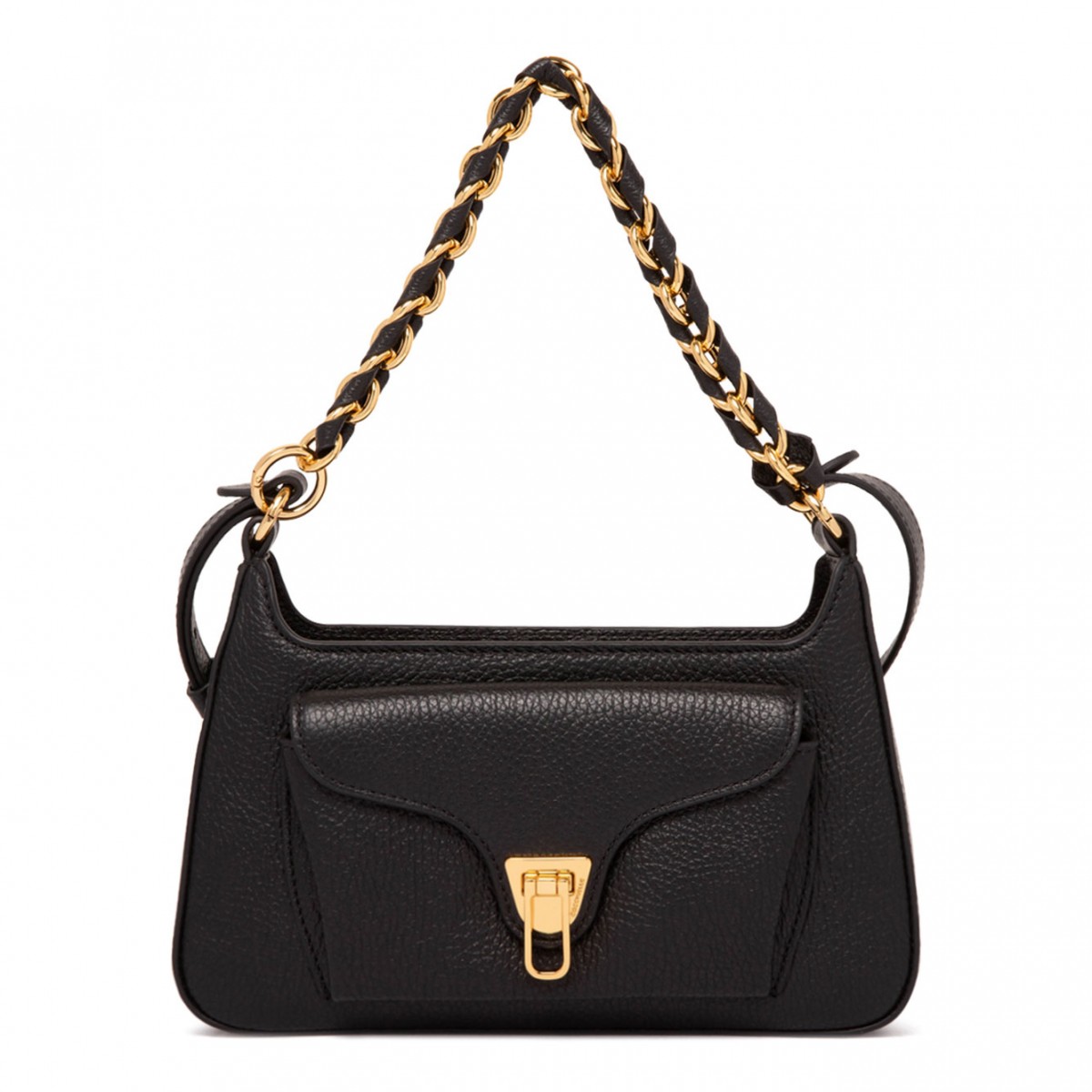 Black Leather Shoulder Bag with Chain Detail