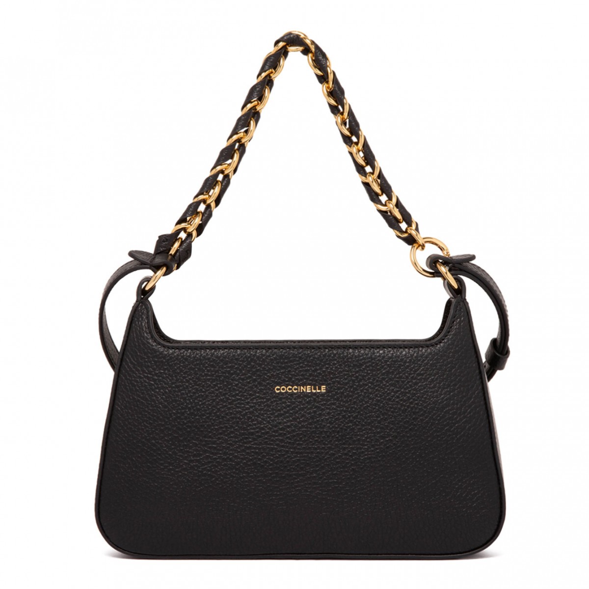 Black Leather Shoulder Bag with Chain Detail