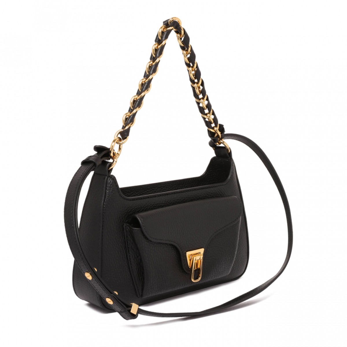 Black Leather Shoulder Bag with Chain Detail