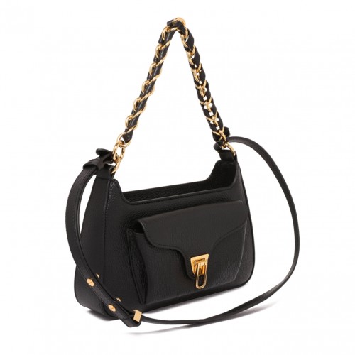 Black Leather Shoulder Bag with Chain Detail
