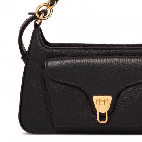 Black Leather Shoulder Bag with Chain Detail