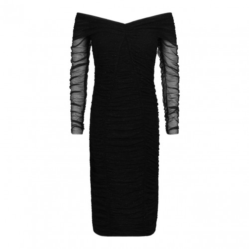 Black Ruched Tulle Midi Dress