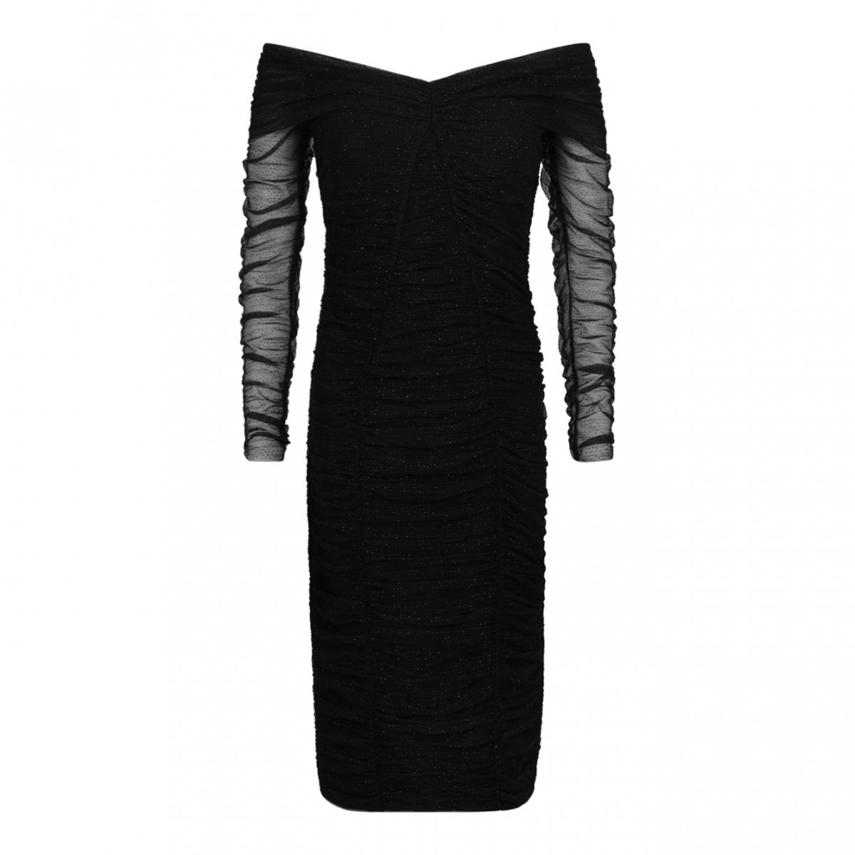 Black Ruched Tulle Midi Dress