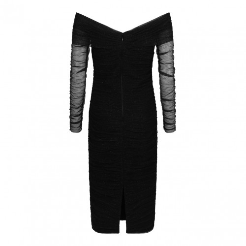 Black Ruched Tulle Midi Dress