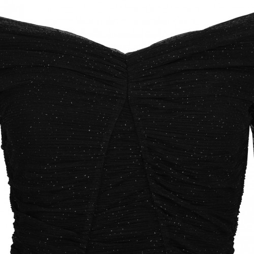 Black Ruched Tulle Midi Dress