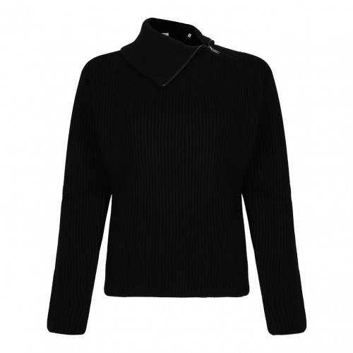 Black Ribbed Wool Sweater With Asymmetric Collar