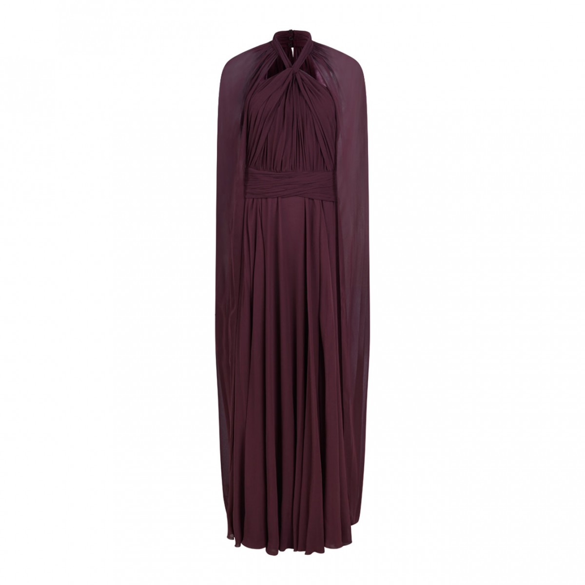 Long Chiffon Dress With Crossover Neckline And Cape