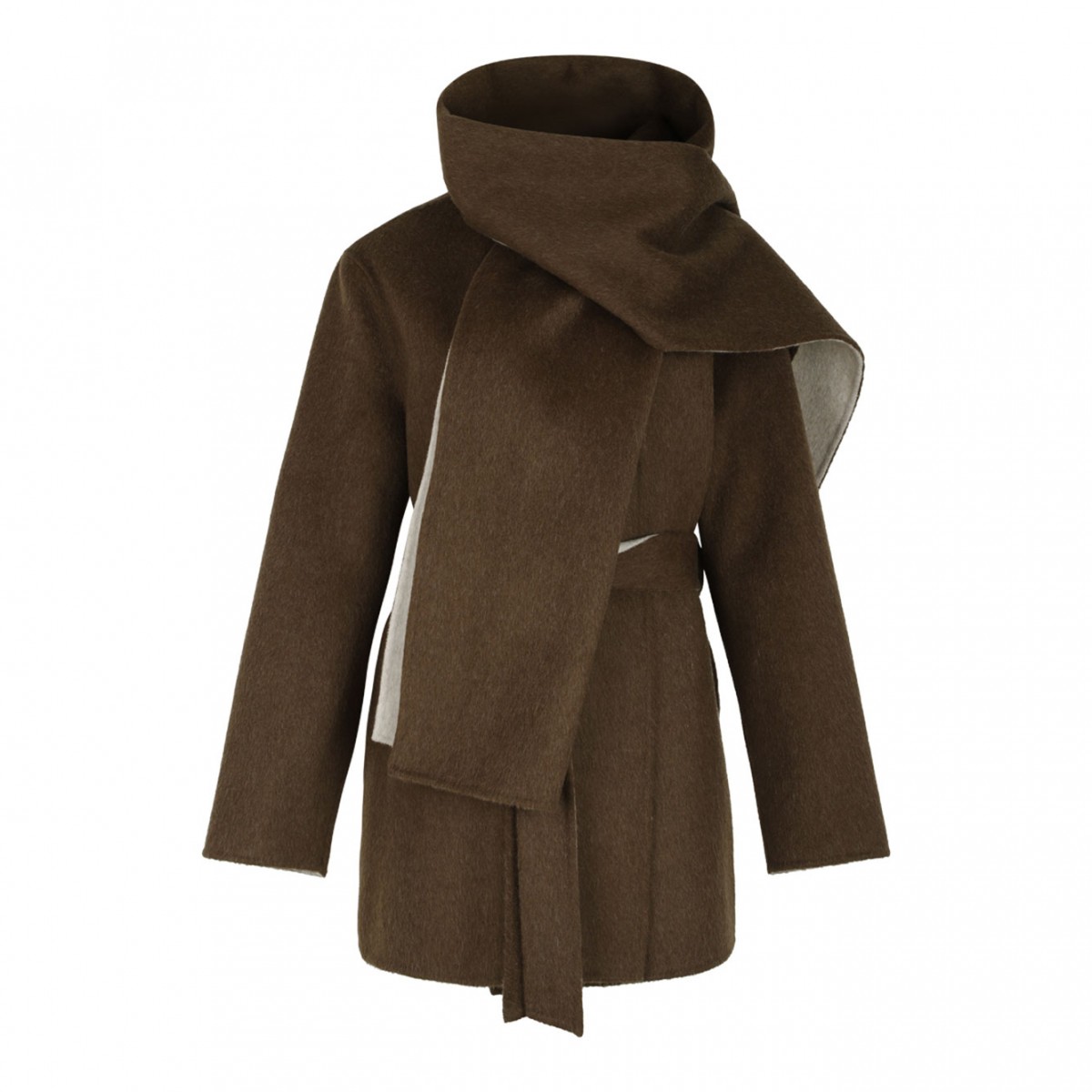 Brown Wool Belted Coat With Scarf Detail