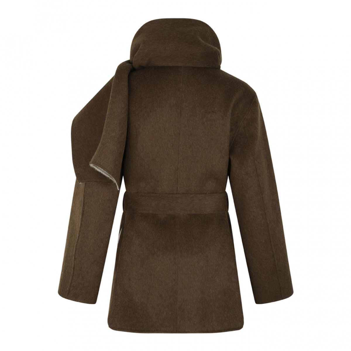 Brown Wool Belted Coat With Scarf Detail