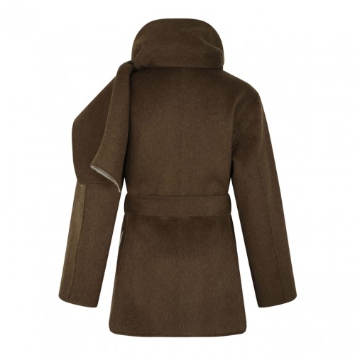 Brown Wool Belted Coat With Scarf Detail
