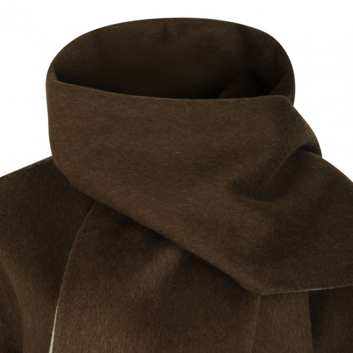 Brown Wool Belted Coat With Scarf Detail