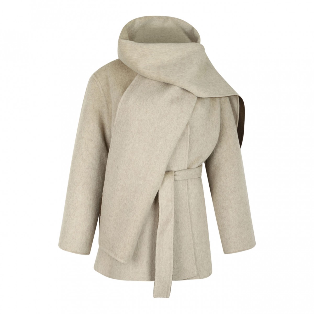 Brown Wool Belted Coat With Scarf Detail