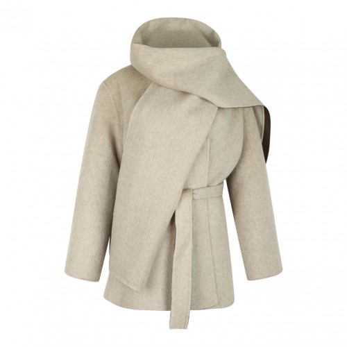 Brown Wool Belted Coat With Scarf Detail