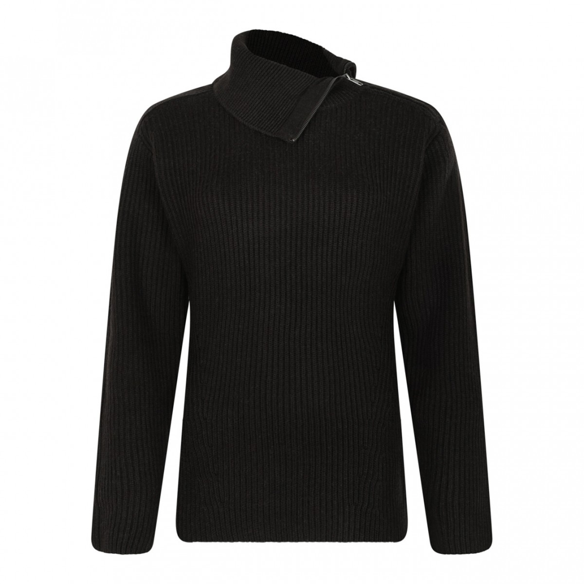 Brown Ribbed Wool Sweater with Asymmetric Collar