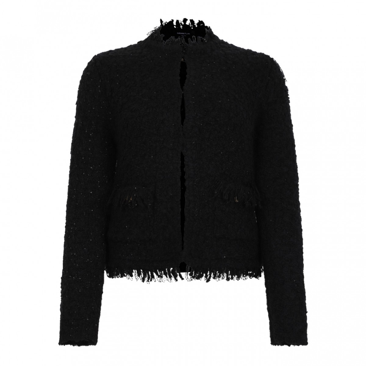 Black Textured Wool Jacket With Fringe Details