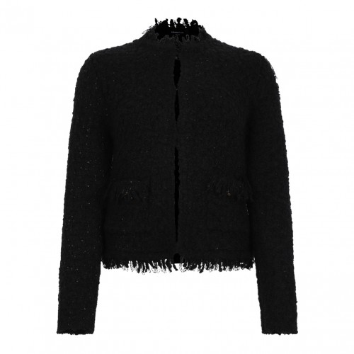 Black Textured Wool Jacket With Fringe Details