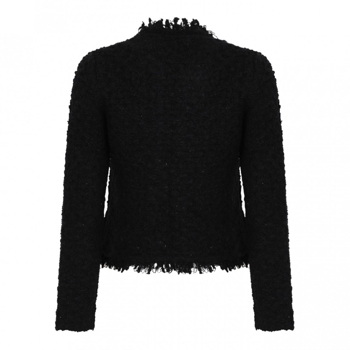 Black Textured Wool Jacket With Fringe Details