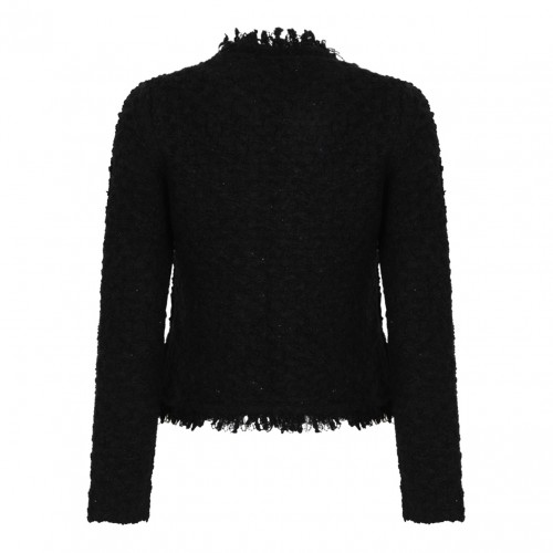 Black Textured Wool Jacket With Fringe Details