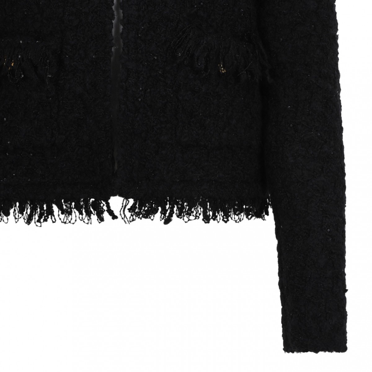 Black Textured Wool Jacket With Fringe Details