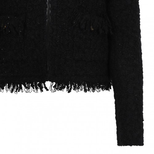 Black Textured Wool Jacket With Fringe Details