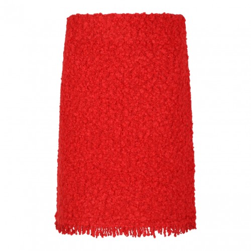 Red Textured Wool Skirt With Fringe Hem