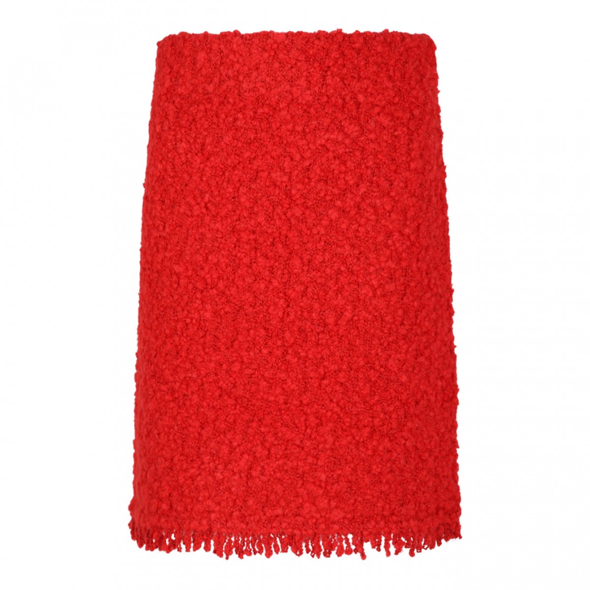 Red Textured Wool Skirt With Fringe Hem