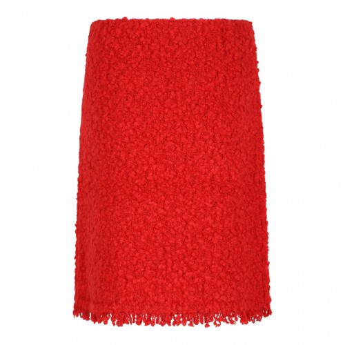 Red Textured Wool Skirt With Fringe Hem 2