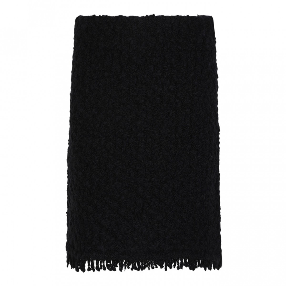 Black Textured Wool Skirt With Fringe Hem