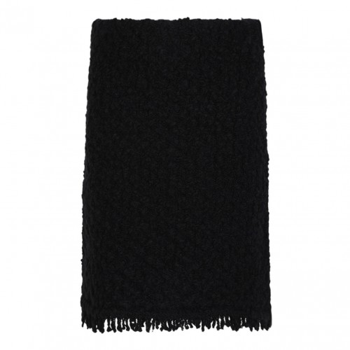 Black Textured Wool Skirt With Fringe Hem