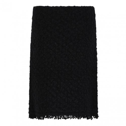 Black Textured Wool Skirt With Fringe Hem 2