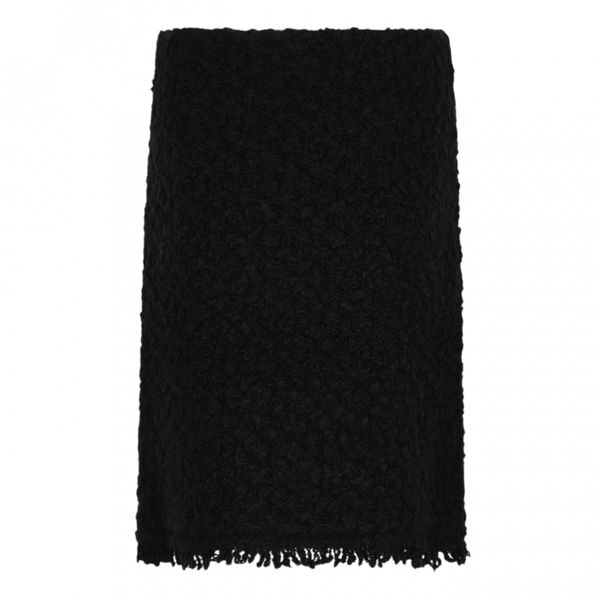 Black Textured Wool Skirt With Fringe Hem