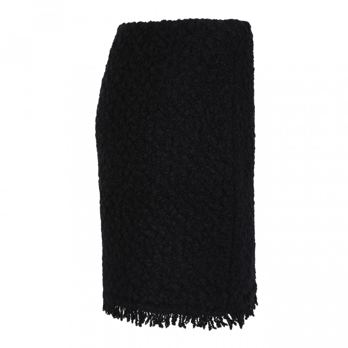 Black Textured Wool Skirt With Fringe Hem