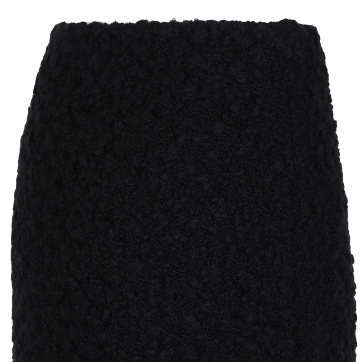 Black Textured Wool Skirt With Fringe Hem