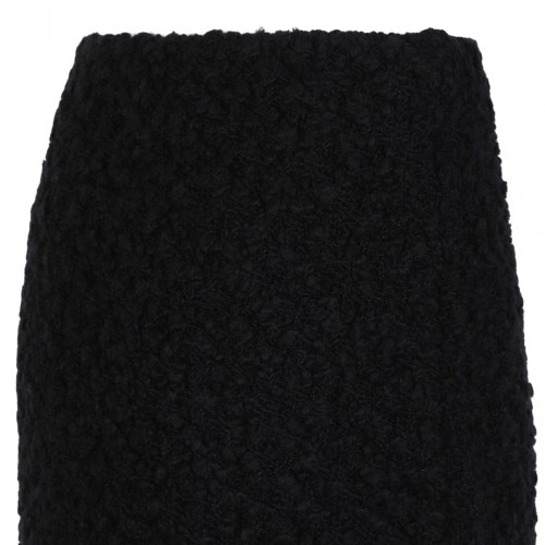 Black Textured Wool Skirt With Fringe Hem