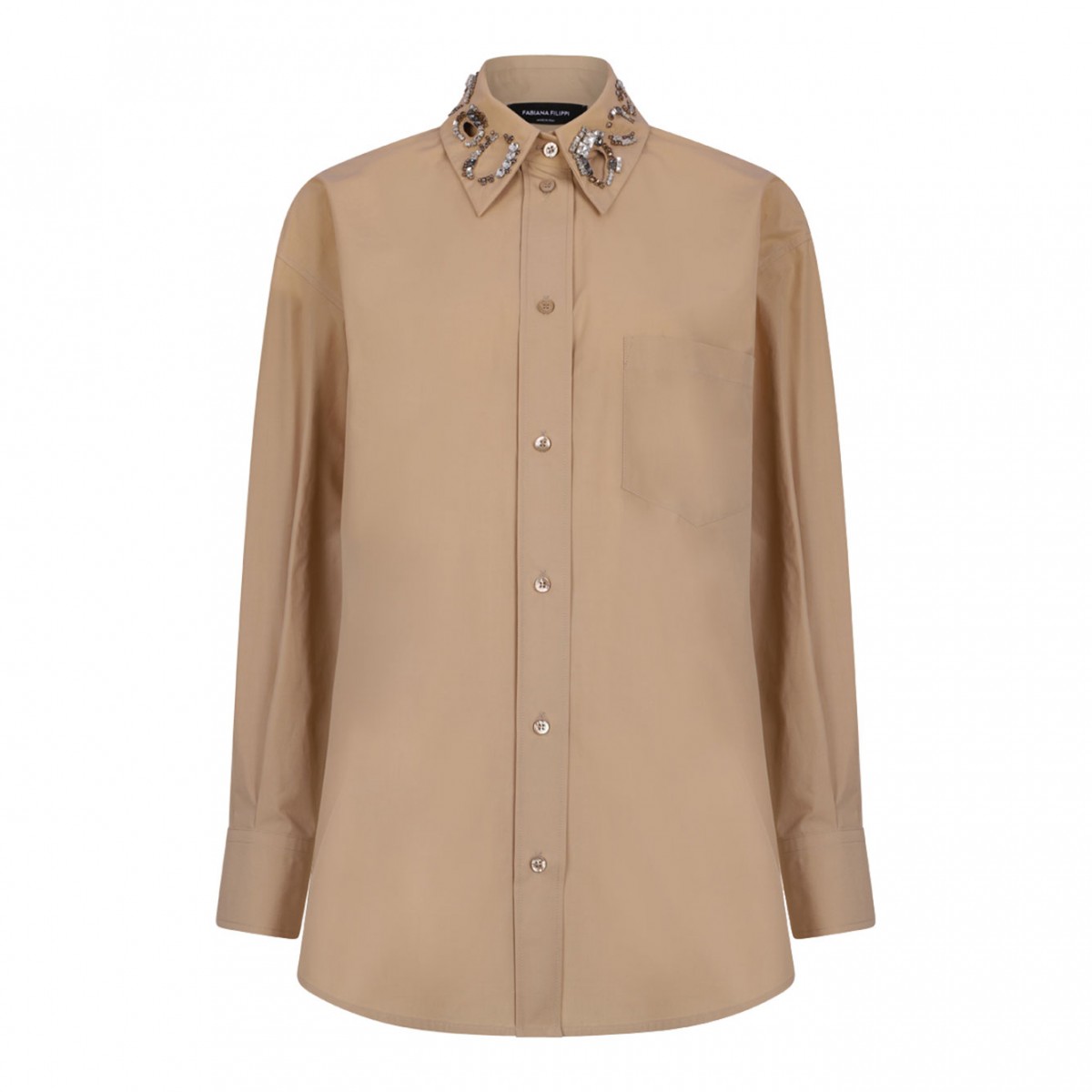Beige Long Poplin Shirt With Crystal Embellished