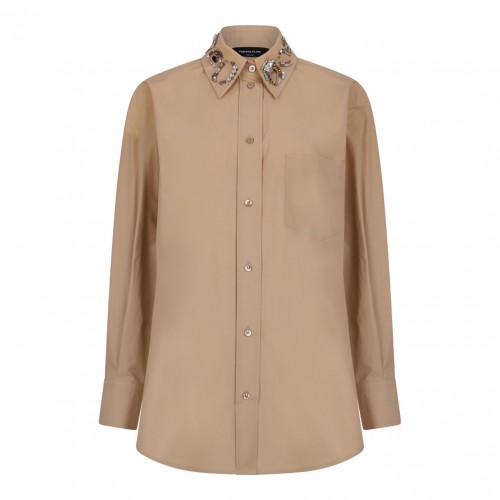 Beige Long Poplin Shirt With Crystal Embellished