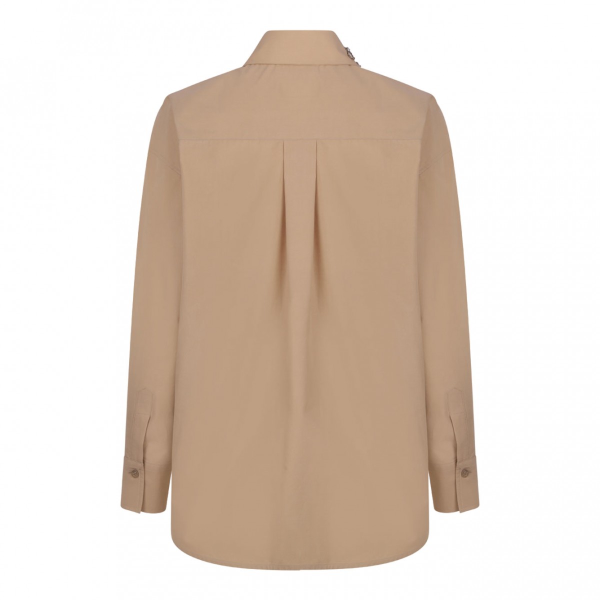 Beige Long Poplin Shirt With Crystal Embellished